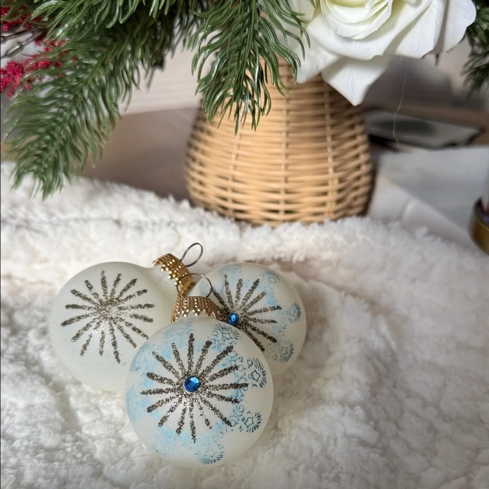 Vintage Stenciled Snowflake and Jeweled Mica West Germany Christmas Ornaments
